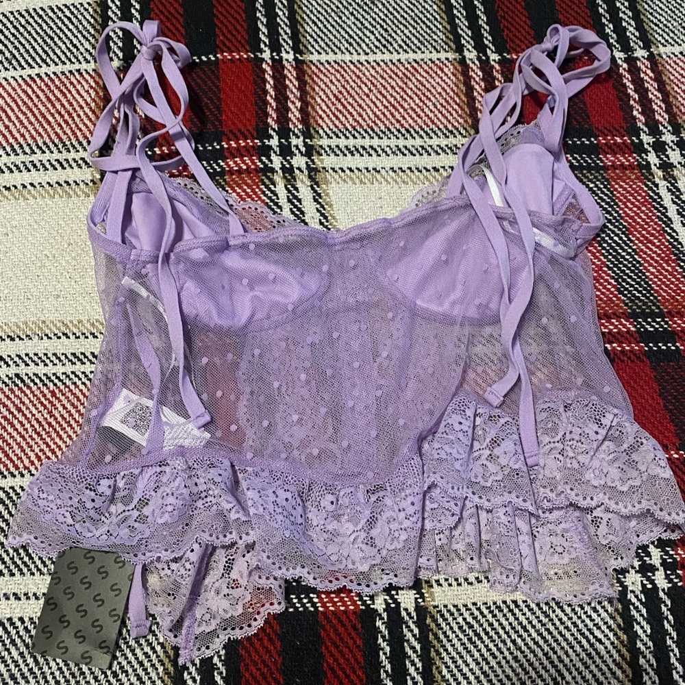 NWT shein sky plus lilac purple shoulder tie ruffle hem sheer crop top - 1X, 14 - Picture 7 of 8